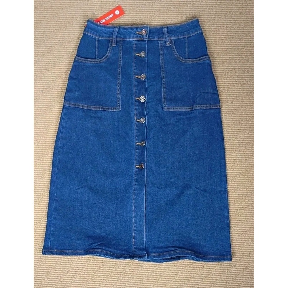 New DENIM SKIRT Girls Denim Midi Skirt Size 8 Button Front Utility Patch Pockets